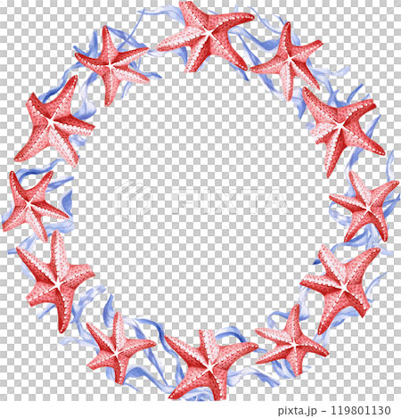 Round frame with starfish and seaweed. Isolated illustration on the theme of the underwater world for textile design, tableware, holidays with a marine theme, printing, restaurants 119801130