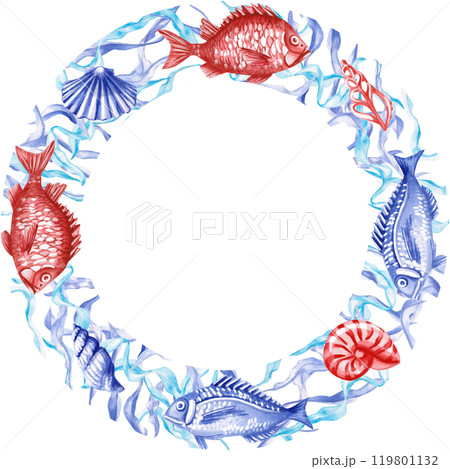 Round frame with shells and fish. Isolated illustration on the theme of the underwater world for textile design, tableware, holidays with a marine theme, printing, restaurants Round frame with shells and fish. Isolated illustration on the theme of the underwater world for textile design, tableware, holidays with a marine theme, printing, restaurants 119801132