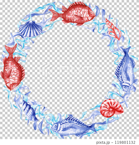 Round frame with shells and fish. Isolated illustration on the theme of the underwater world for textile design, tableware, holidays with a marine theme, printing, restaurants Round frame with shells and fish. Isolated illustration on the theme of the underwater world for textile design, tableware, holidays with a marine theme, printing, restaurants 119801132