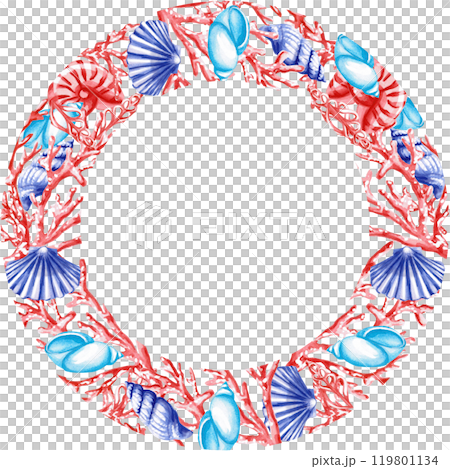 Round frame with shells and corals. Isolated illustration on the theme of the underwater world for textile design, tableware, holidays with a marine theme, printing, restaurants 119801134