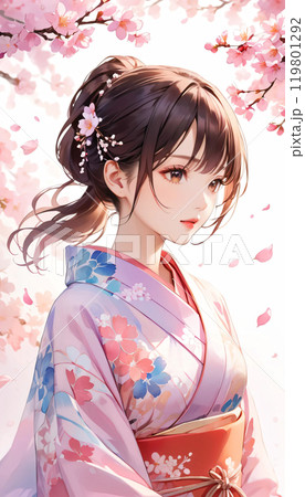 桜と着物を着た若い日本人女性 119801292