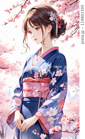 桜と着物を着た若い日本人女性のイラスト素材 [119801305] - PIXTA