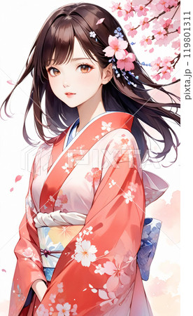 桜と着物を着た若い日本人女性のイラスト素材 [119801311] - PIXTA