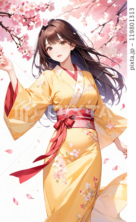 桜と着物を着た若い日本人女性のイラスト素材 [119801313] - PIXTA