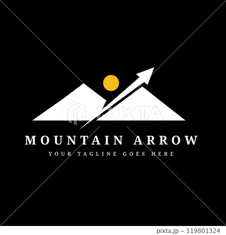 Minimalist logo with mountain, sun and arrow elements for outdoor, adventure business on elegant black background 119801324
