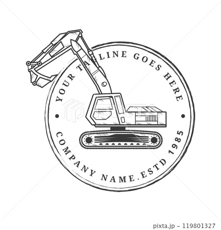 Sketch Style Logo depicting Excavator in Vintage design. Suitable for Construction business. 119801327