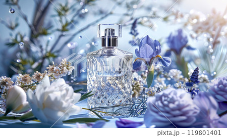 A fragrance bottle surrounded with blue summer flowers. 119801401
