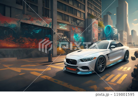 white  car presenting against city futuristic  background at sunset. car service logo, concept. Ai generated 119801595