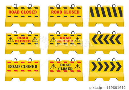 Realistic concrete road barrier icon symbol set. Road closed Traffic concrete barricades sign collection. Vector illustration image. Isolated on white background. Realistic concrete road barrier icon symbol set. Road closed Traffic concrete barricades sign collection. Vector illustration image. Isolated on white background. 119801612