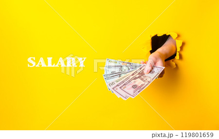 A hand holding a stack of money with the word salary written below it 119801659