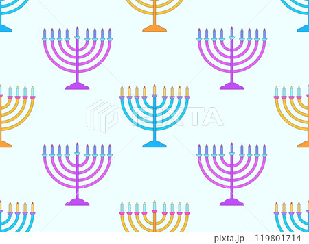 Hanukkah seamless pattern with menorah with nine candle. Jewish festival background for brochures, banners and wrapping paper. Vector illustration 119801714