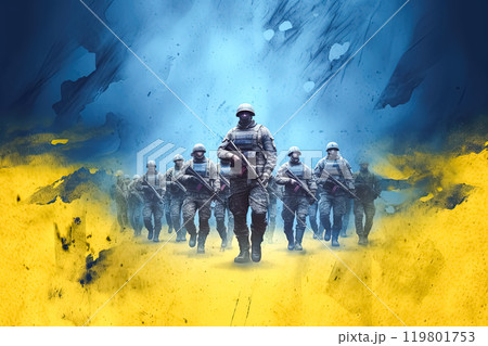 Illustration of Ukrainian soldiers on a yellow blue background. 119801753