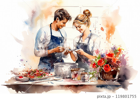 a watercolor illustration of a couple preparing food together. 119801755