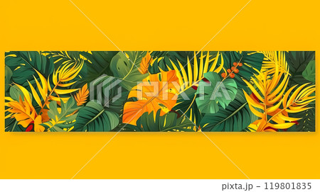 Horizontal banners featuring tropical leaves on a sunny yellow backdrop. 119801835
