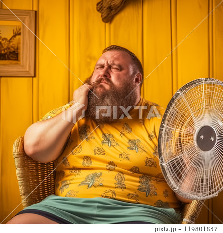A weary man, sweating and feeling hot, seeking relief in front of a fan at home. A weary man, sweating and feeling hot, seeking relief in front of a fan at home. 119801837