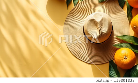 Straw hat adorned with vibrant citrus fruits on a soft background 119801838