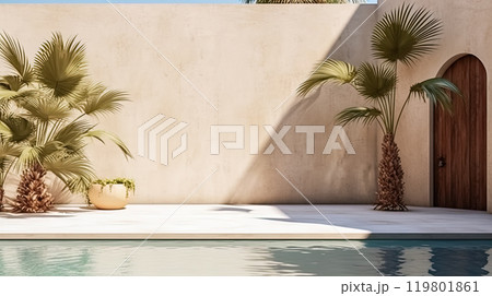 Luxurious resort exterior with a refreshing pool, and the shadow of palm leaves. Luxurious resort exterior with a refreshing pool, and the shadow of palm leaves. 119801861