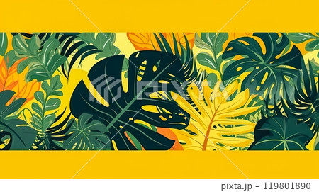 Horizontal banners featuring tropical leaves on a sunny yellow backdrop. 119801890