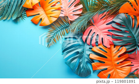Vibrant and creative fluorescent color layout crafted from tropical leaves 119801891