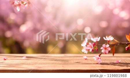 an empty wooden table set in a Sakura flower park 119801988