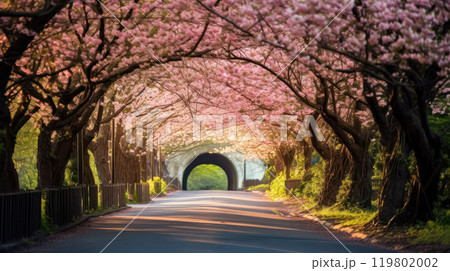 a road adorned with a captivating arch of cherry blossoms, 119802002