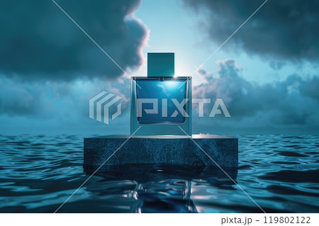 A bottle filled with fragrant perfume is gracefully floating in the ocean. AI-generated content. 119802122