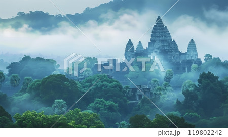 Ancient temples rise from misty jungles, shrouded in fog that whispers tales of bygone eras. 119802242