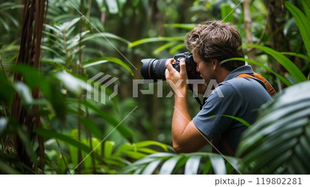 A man photographs wildlife in a dense jungle, camera ready, waiting to capture nature's hidden wonders. 119802281