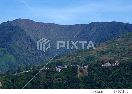 Lush green hills with terraced fields, scattered trees, and a small huts. 119802397