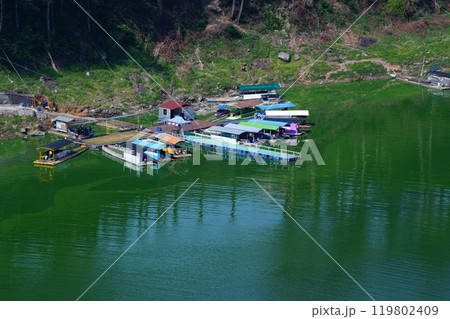 floating restaurant complex on Telaga Menjer, Wonosobo. 119802409