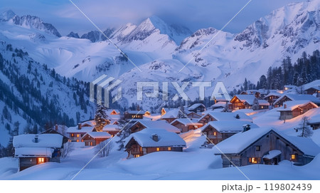 A picturesque alpine village with cozy, lit...のイラスト素材 [119802439] - PIXTA