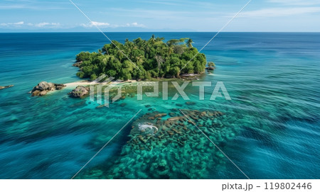 A lush tropical island surrounded by crystal-clear azure waters offers a serene escape from daily life. 119802446