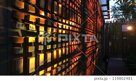 A mosaic of railway ties creates captivating shadows in the evening, adding unique charm and visual interest. 119802481