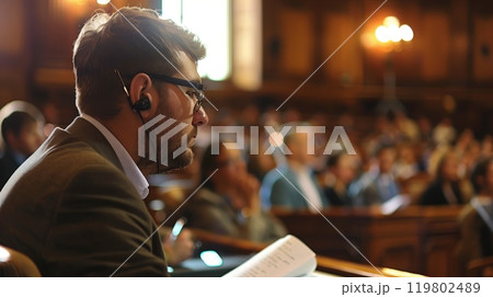 A journalist covers a trial, taking meticulous notes on arguments from both the defense and prosecution. 119802489