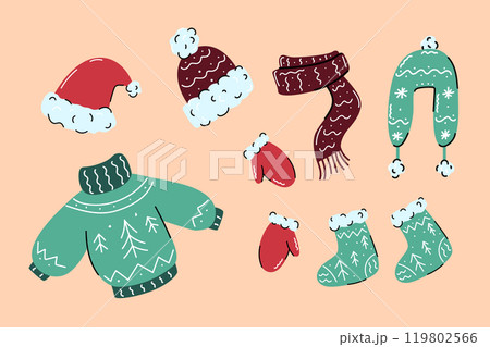 Winter set of warm, fashionable clothing scarf, mittens, socks, sweater, hat with Christmas trees 119802566