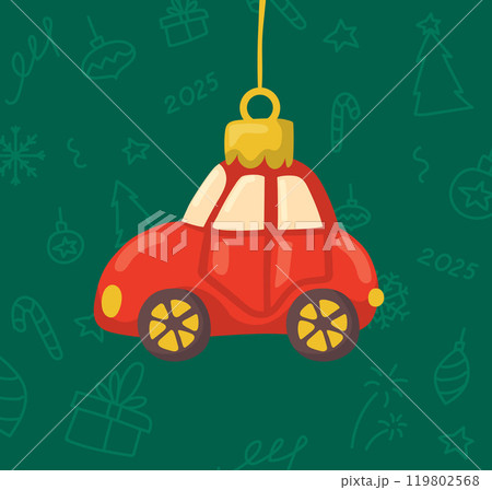 Christmas tree ornament in the shape of a red car. Christmas decor. Vector illustration. 119802568