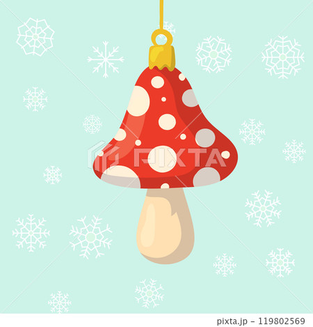 Traditional retro Christmas tree ornament in shape of amanita. Vector illustration of a mushroom. 119802569