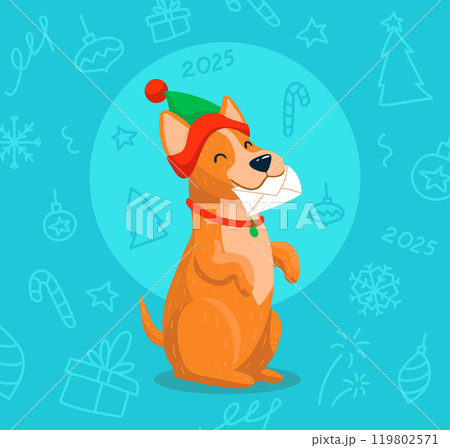 A cute dog in an elf hat holding a letter. Christmas vector illustration. 119802571