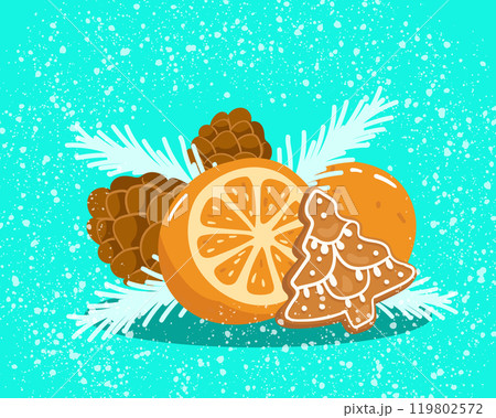 Still life composition of tangerines, gingerbread, fir branches, pine cones. Snow vector background. 119802572