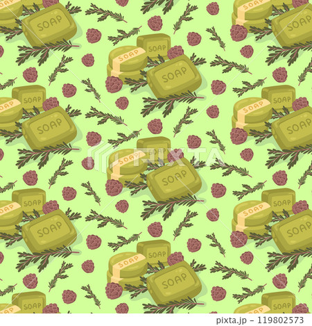 Seamless pattern of green soap with pine cones and fir branches. Vector illustration. Seamless pattern of green soap with pine cones and fir branches. Vector illustration. 119802573