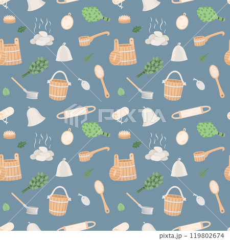 Seamless pattern with sauna spa items in cartoon flat style on dark blue background. Vector illustration Seamless pattern with sauna spa items in cartoon flat style on dark blue background. Vector illustration 119802674