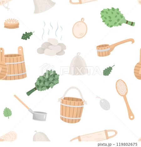 Seamless pattern with sauna spa items in cartoon flat style isolated on white background. Vector illustration 119802675