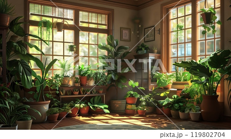 A cozy, plant-filled room exuding tranquility, creating a peaceful sanctuary to relax and connect with nature. 119802704