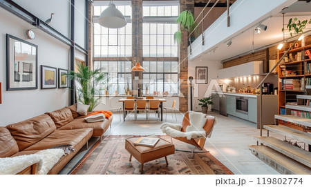 Contemporary loft with high ceilings, stylish decor, and natural light available for rent; ideal for modern living. 119802774