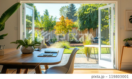 A dining table and work desk overlooking a peaceful backyard create a versatile, inspiring space. 119803001