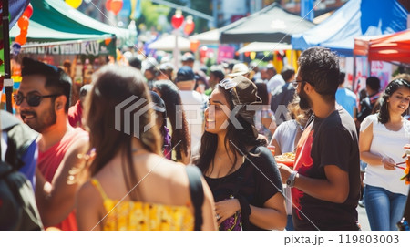 A vibrant cultural street fair with food stalls, music, and mingling, creating a lively atmosphere. 119803003