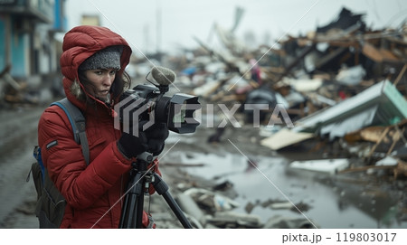 A journalist documents the aftermath of a natural disaster, capturing debris and chaos, highlighting the impact. A journalist documents the aftermath of a natural disaster, capturing debris and chaos, highlighting the impact. 119803017