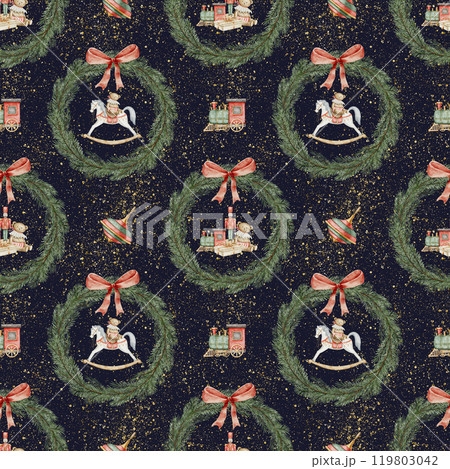 Seamless Pattern with retro Baby Toys and fir branches wreath. Watercolor illustration of Christmas background for Baby wrapping paper or textile design on dark backdrop. Drawing of textile ornament. 119803042
