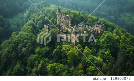 A majestic hilltop castle, encircled by ancient forests, exudes timeless pride. Its stone walls whisper history. 119803079