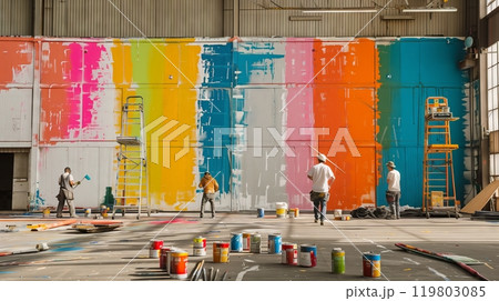 Painters apply vibrant layers to a large warehouse, with paint cans and brushes scattered around. Painters apply vibrant layers to a large warehouse, with paint cans and brushes scattered around. 119803085